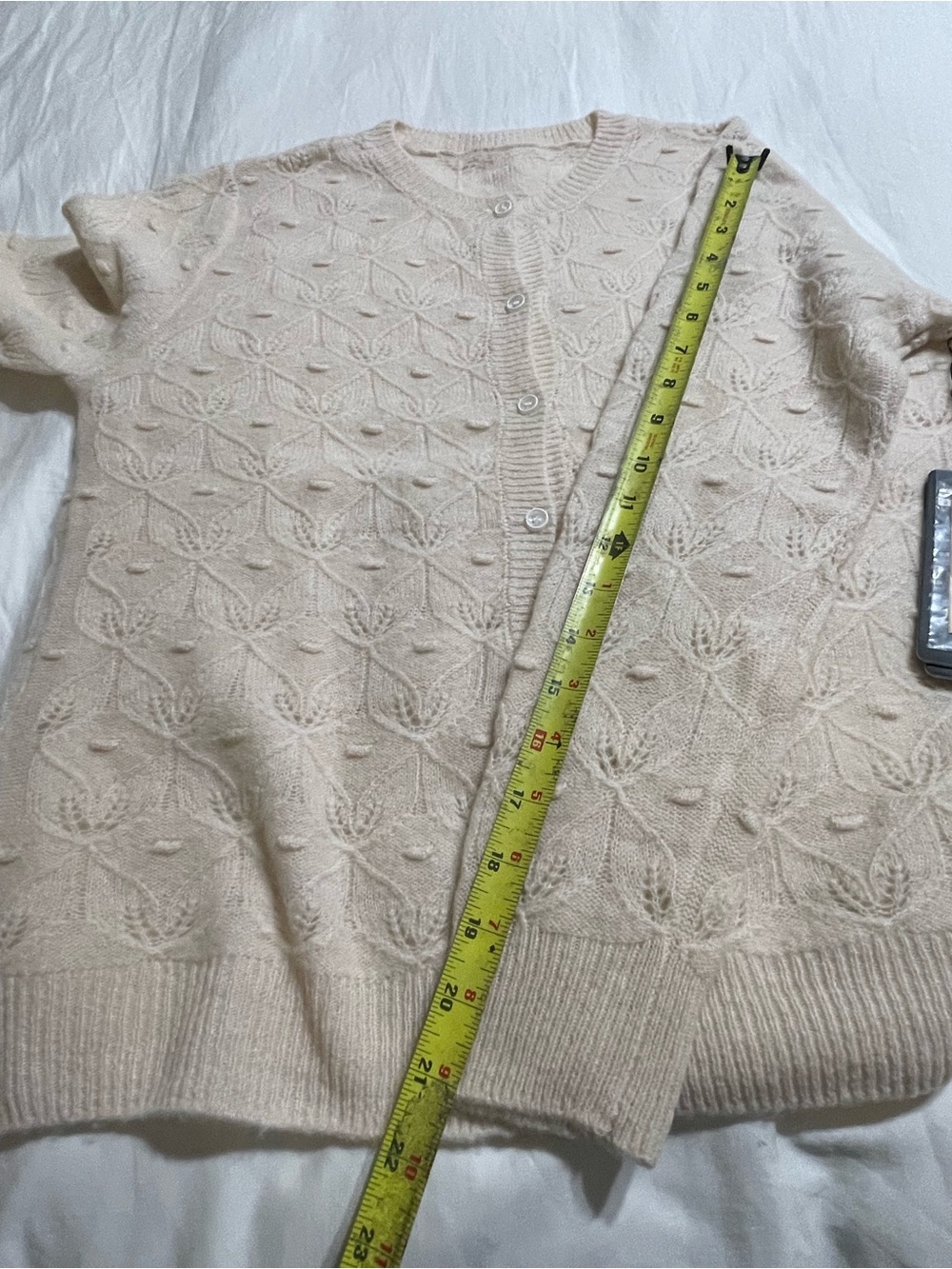 100% Merino Wool Pointelle Knit Cardigan Sweater Cream Leaf - Picture 6 of 12